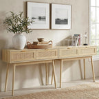 HOPUBUY Console Table Rattan Desk with Drawers Set of 2, Oak Narrow Sofa Table with Pine Leg, Modern Small Entryway Table for Hallway and Living Room, 39" Rustic Natural