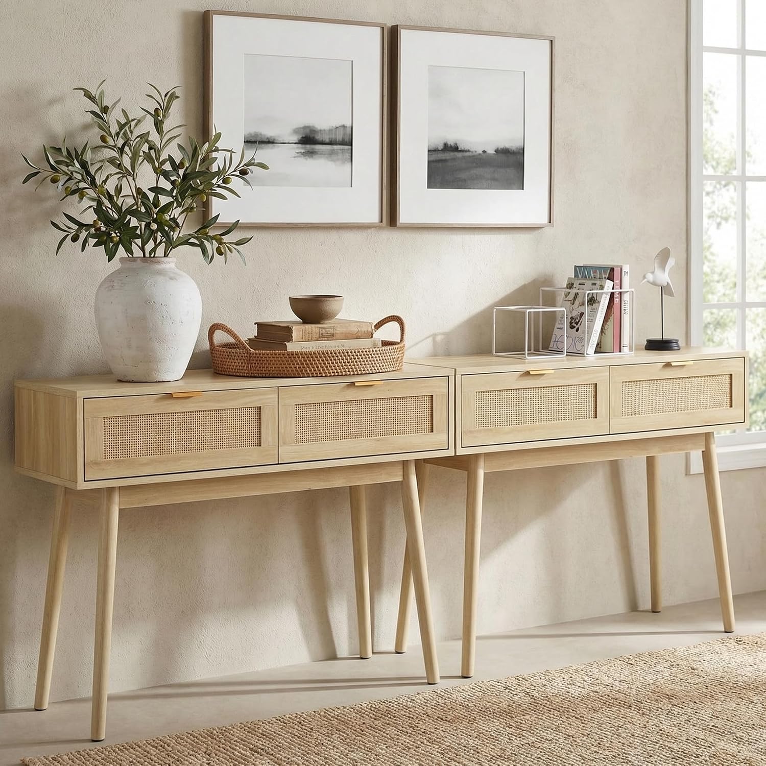 HOPUBUY Console Table Rattan Desk with Drawers Set of 2, Oak Narrow Sofa Table with Pine Leg, Modern Small Entryway Table for Hallway and Living Room, 39" Rustic Natural