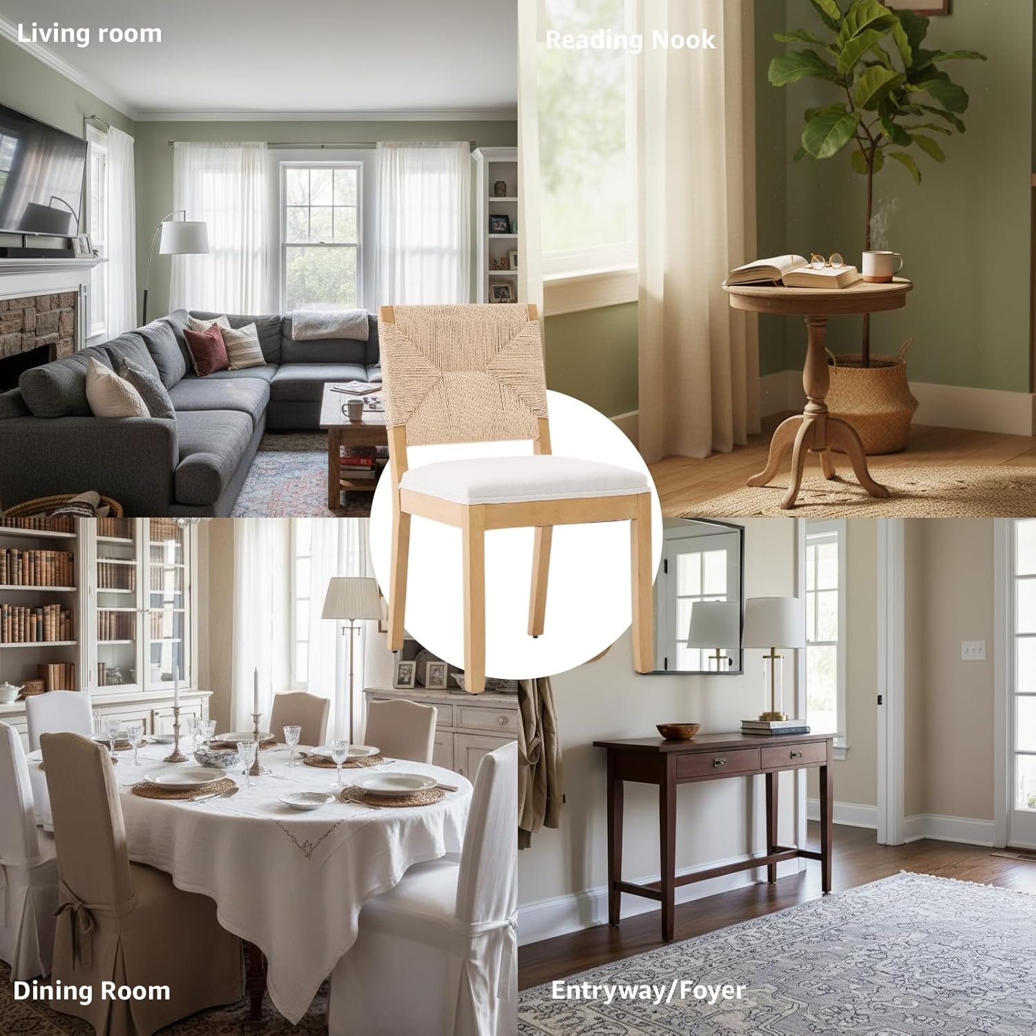 French Country Dining Chairs Set of 8, Beige Farmhouse Wood Dining Room Chairs, Woven Back Linen Upholstered Dining Chair, Solid Wood Legs, Boho Style Kitchen Chairs, Sillas de Comedor