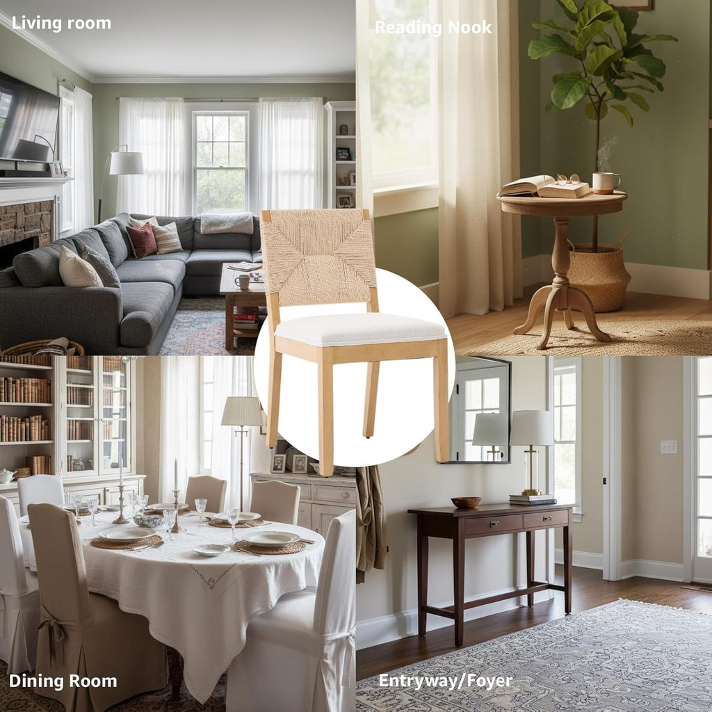 French Country Dining Chairs Set of 2, Beige Farmhouse Wood Dining Room Chairs, Woven Back Linen Upholstered Dining Chair, Solid Wood Legs, Boho Style Kitchen Chairs, Sillas de Comedor