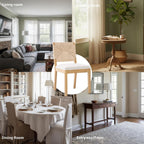 French Country Dining Chairs Set of 2, Beige Farmhouse Wood Dining Room Chairs, Woven Back Linen Upholstered Dining Chair, Solid Wood Legs, Boho Style Kitchen Chairs, Sillas de Comedor