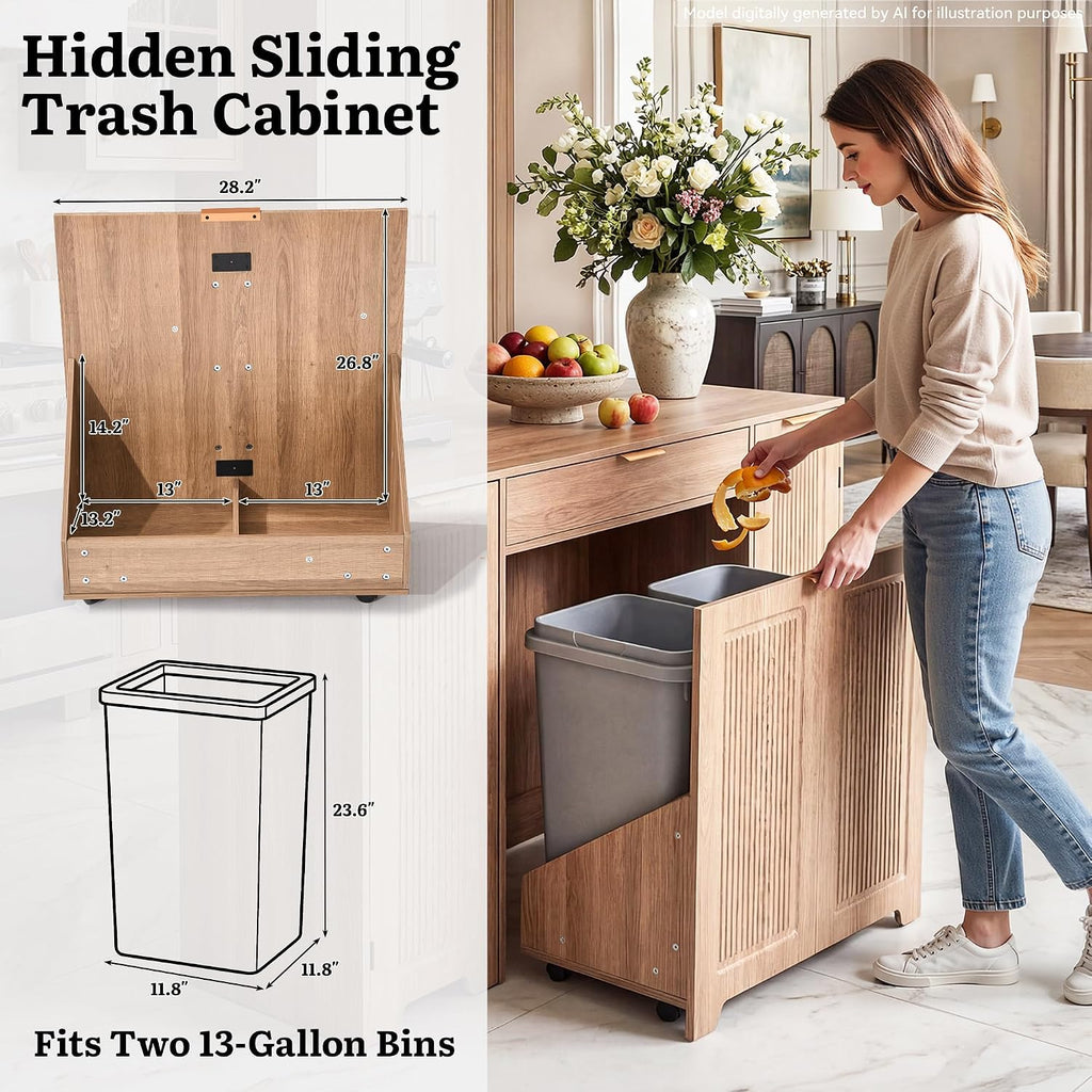 YITAHOME Expandable Kitchen Island with Hidden Trash Cabinet | 55.1" Rolling Kitchen Island with Drop Leaf, Storage Drawer & 3-Tier Side Shelves, Mobile Kitchen Island on Wheels with Hooks