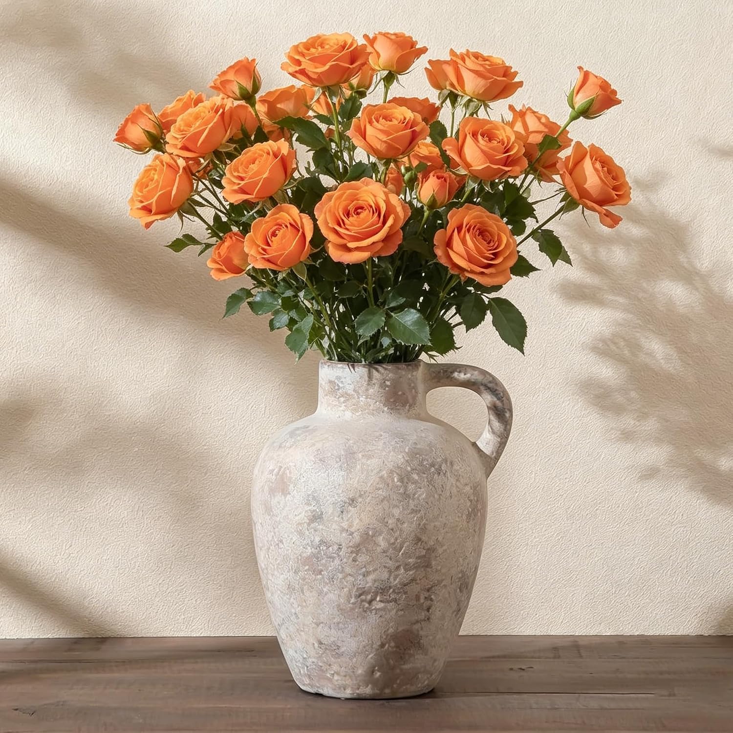 Enra Rustic Terracotta Vase with Handle, Textured Ceramic Home Decor | 8.85 Inch Vase with Farmhouse Style for Living Room, Shelf, Table Centerpiece and Home Decoration