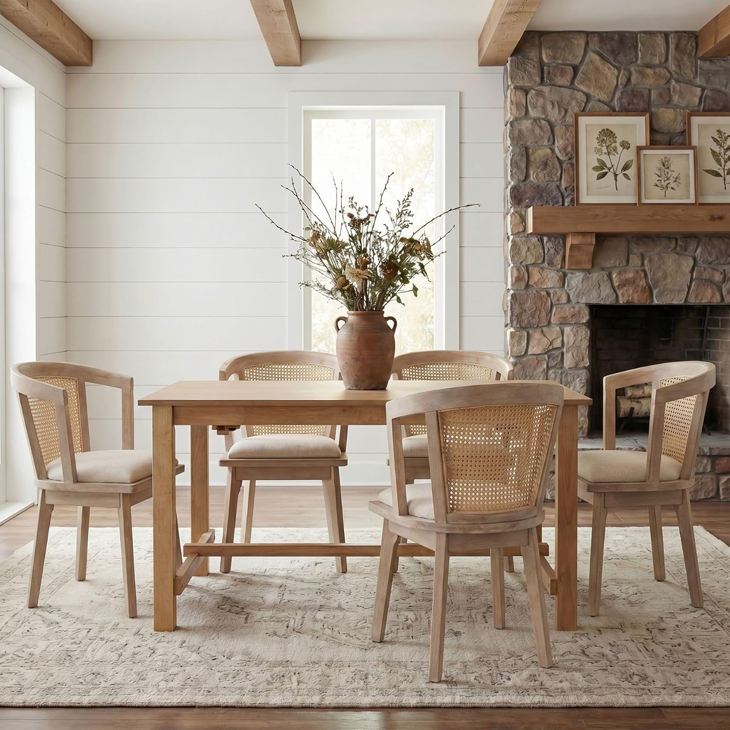 9-Piece Farmhouse Dining Table Set for 8, 59"-94" Extendable Kitchen Table & Upholstered Chairs, Solid Wooden Table with Woven Ratten Chair Living Room Restaurant - Natural/Natural