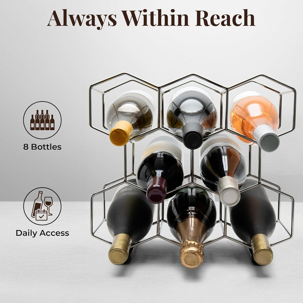 Countertop Wine Rack - 8-Bottle - Stainless Steel & Charcoal Oak - 3 Tier Tabletop Wine Holder Stand for Cabinet, Pantry - Freestanding - No Assembly Required