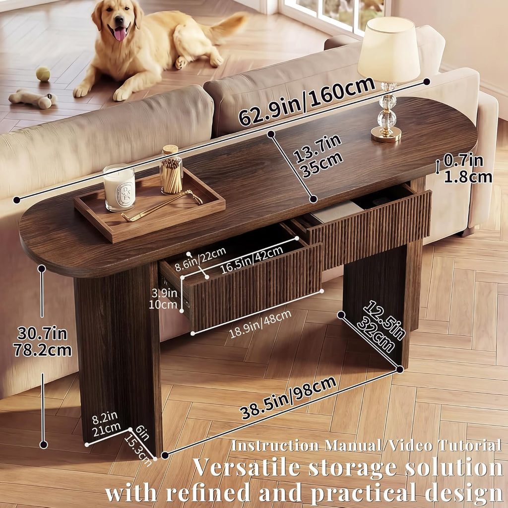 63 Inch Fluted Console Table with Drawers, Entryway Table with Storage, Modern Rounded Hallway Table for Narrow Spaces（Brown）