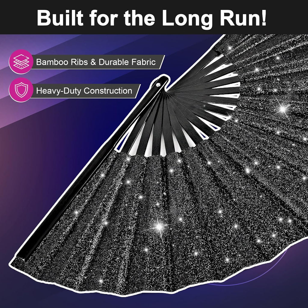 13" Glitter Large Rave Folding Fan with Holster, Popping Clack Hand Fan for Line Dancing for Women Men, Summer Music Party EDM Festival Club Party Dance
