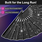 13" Glitter Large Rave Folding Fan with Holster, Popping Clack Hand Fan for Line Dancing for Women Men, Summer Music Party EDM Festival Club Party Dance