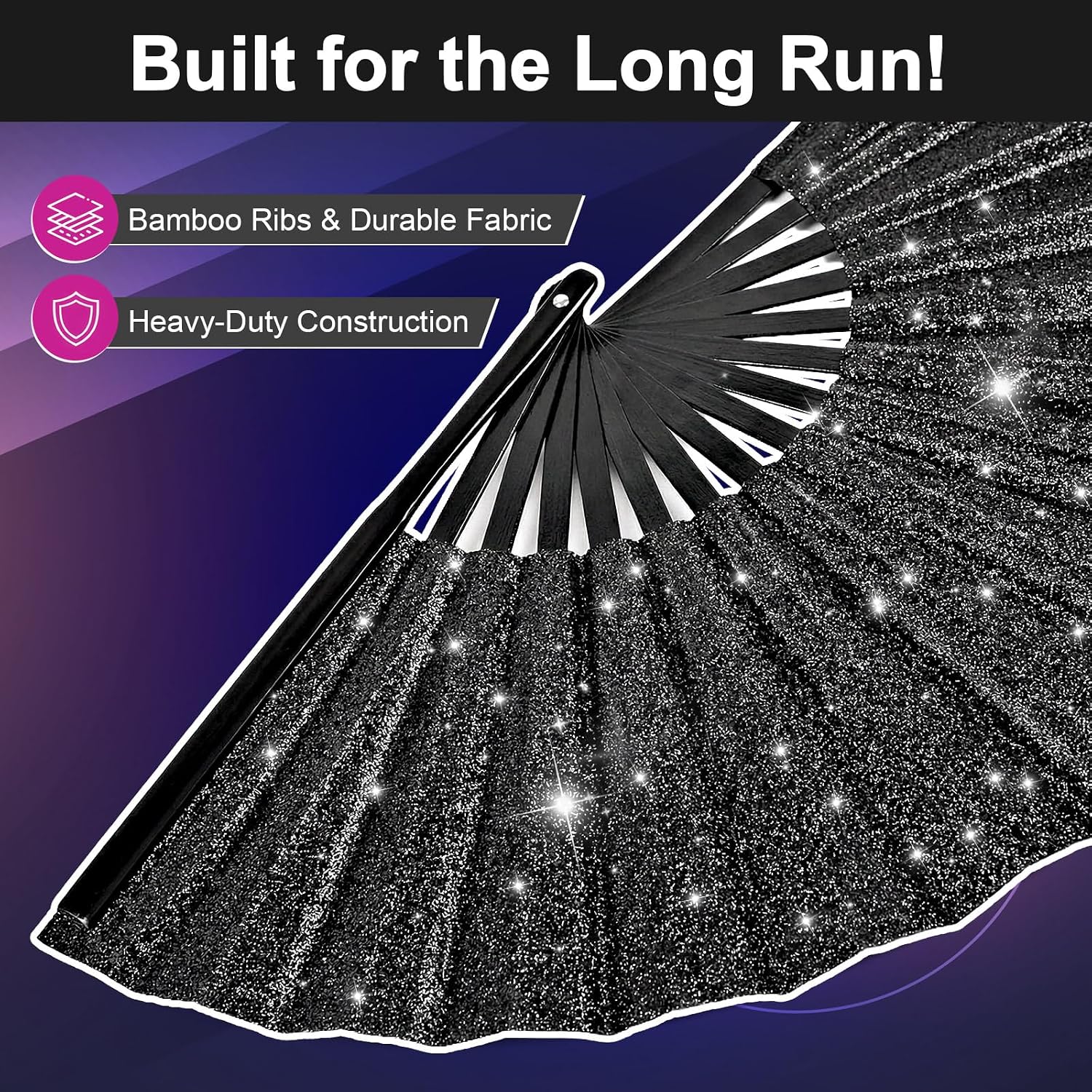 13" Glitter Large Rave Folding Fan with Holster, Popping Clack Hand Fan for Line Dancing for Women Men, Summer Music Party EDM Festival Club Party Dance