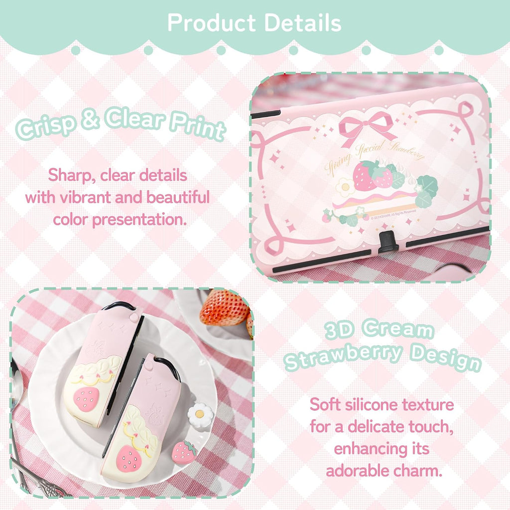 GeekShare Strawberries with Cream Case Compatible with Switch OLED, Soft Silicone Slim Protective Cover with Separable Shell and 2 Thumb Grips (Pink)