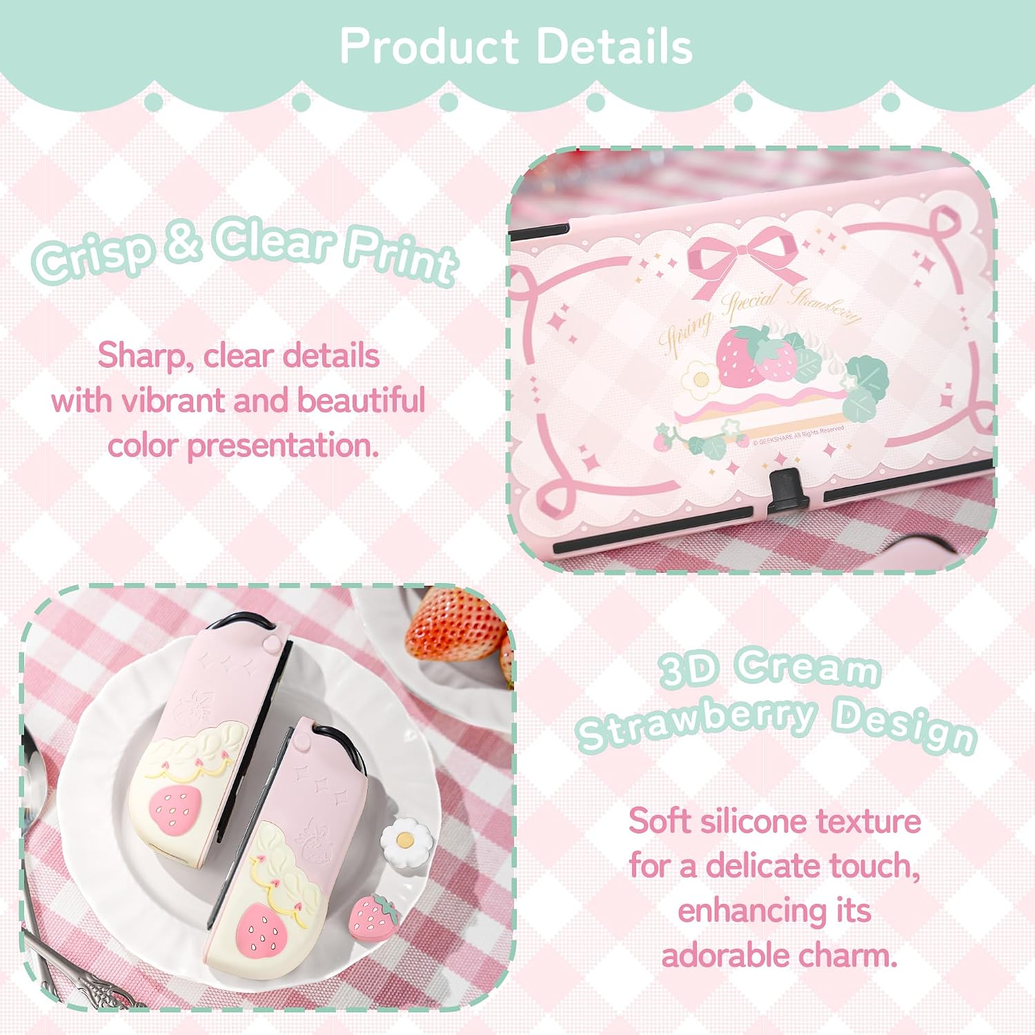 GeekShare Strawberries with Cream Case Compatible with Switch OLED, Soft Silicone Slim Protective Cover with Separable Shell and 2 Thumb Grips (Pink)