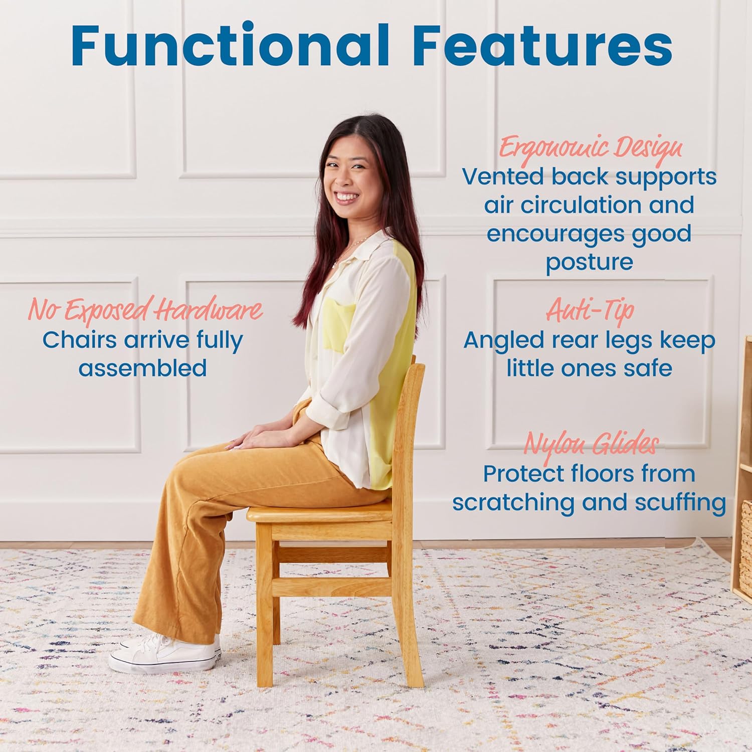 ECR4Kids Three Rung Ladderback Chair, 16" Seat Height, Classroom Seating, Honey, 2-Pack