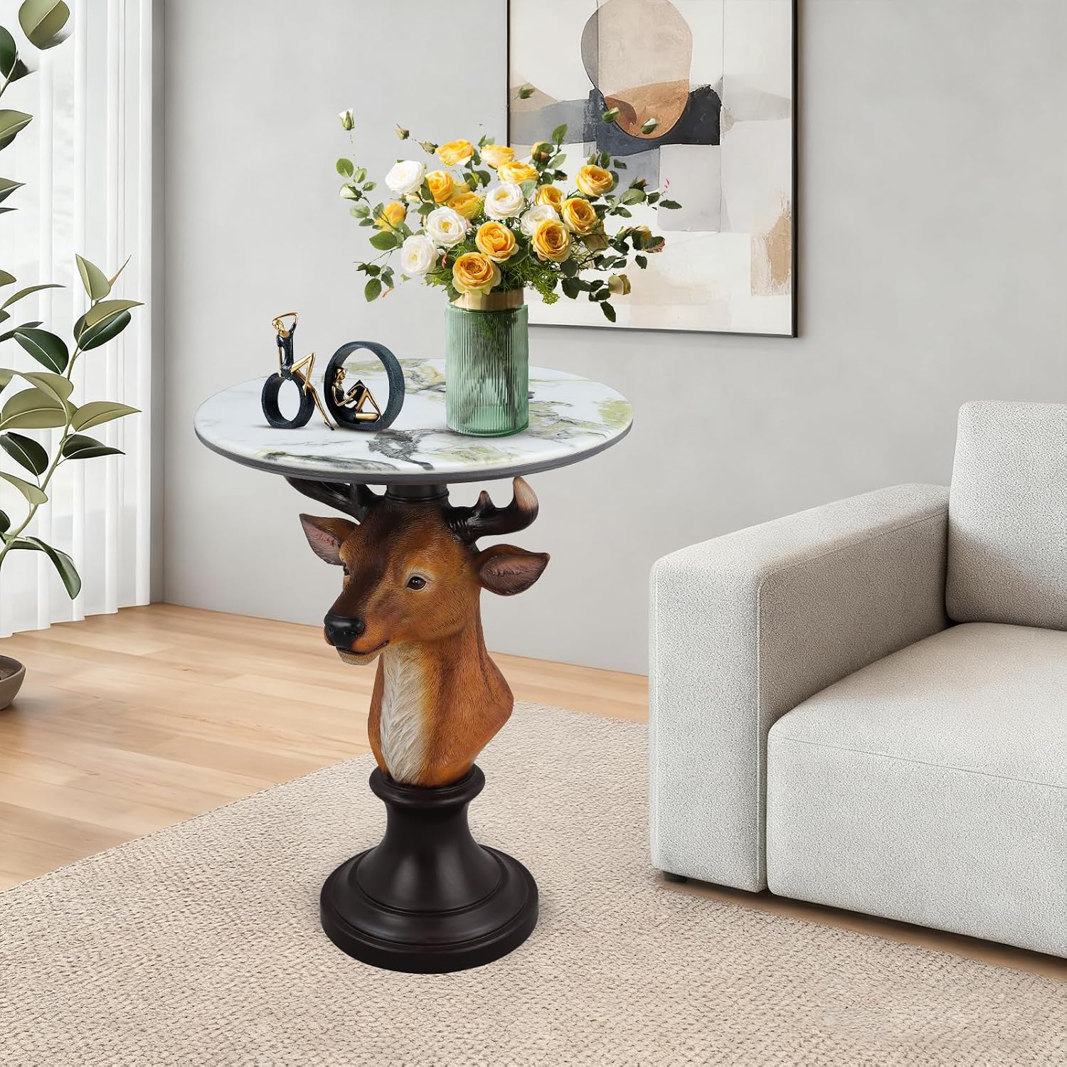 LUMISOL Accent Side Table, Deer Statue End Tables for Home Office, Living Room, Outdoor Decor, Brown