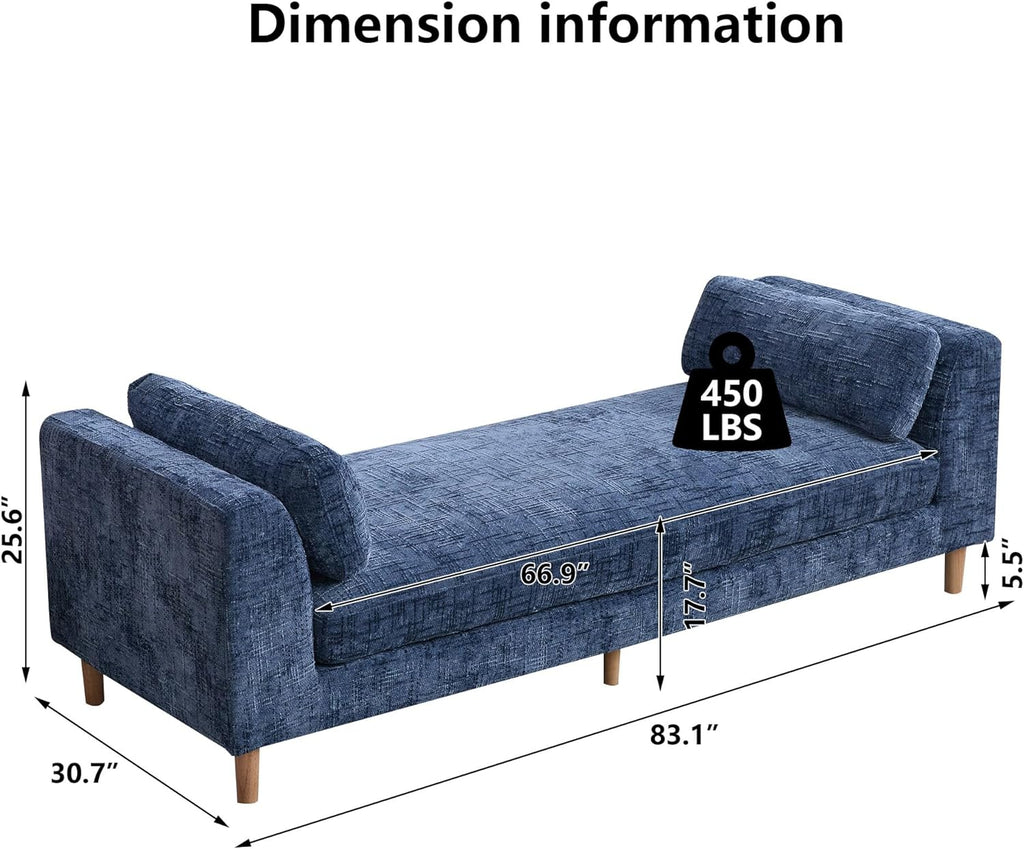 mikibama 83.1" Extra Long Ottoman Bench for Bedroom,Oversized Chenille Upholstered Chaise Lounge Sofa Benches,Modern End of Bed Bench with Arms,Lounger Daybed Couch with Pillows (Blue)