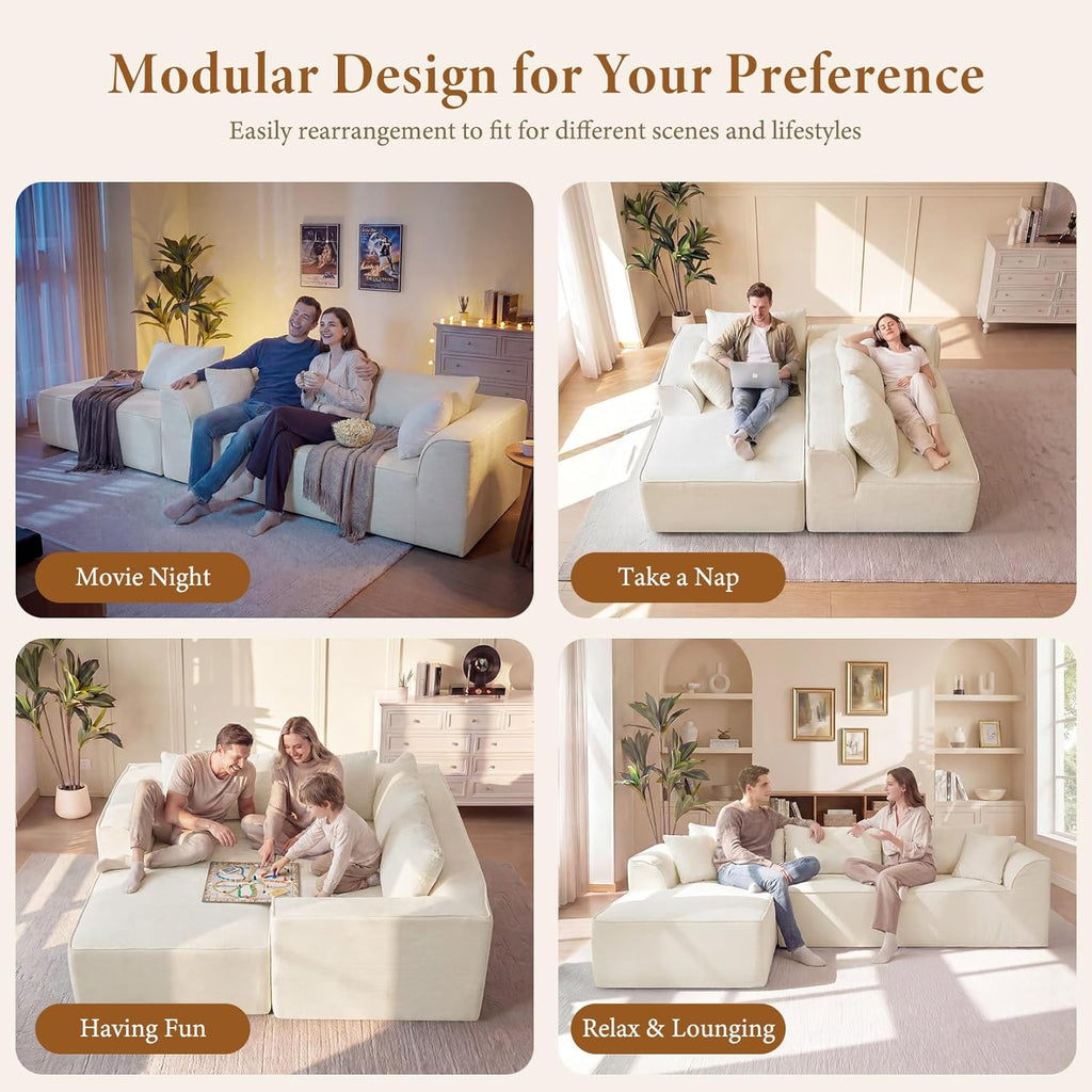 Vesgantti 106" Cloud Couch Sectional Modular Sofa, Deep Seat Comfy Cloud Couch Chenille Memory Foam Sofa Modular Couches for Living Room Bedroom, No Assembly Required (Beige, Left-Facing Chaise)