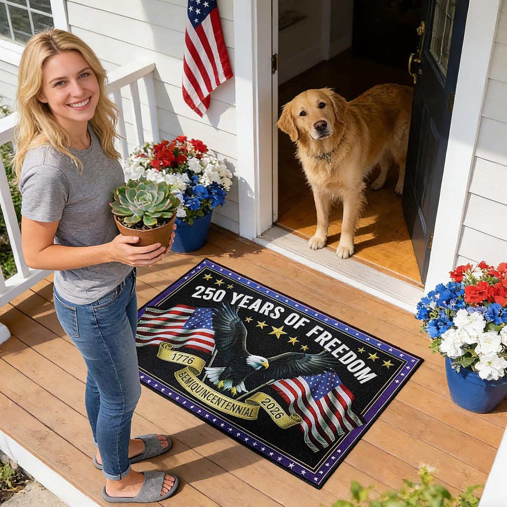 Patriotic Door Mat 250th Anniversary Doormat,4th of July Patriotic Mat with Bald Eagle & Stars Mat,17"x28" Non-Slip Independence Day Freedom Memorial Day Porch Front Decor