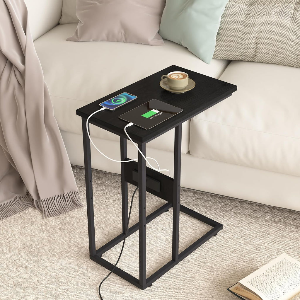 VECELO C Shaped End Table with Charging Station & Power Outlets, Quick Access Side Table for Sofa, C Bedside for Living Room Bedroom 1 Set,Black
