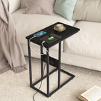 VECELO C Shaped End Table with Charging Station & Power Outlets, Quick Access Side Table for Sofa, C Bedside for Living Room Bedroom 1 Set,Black