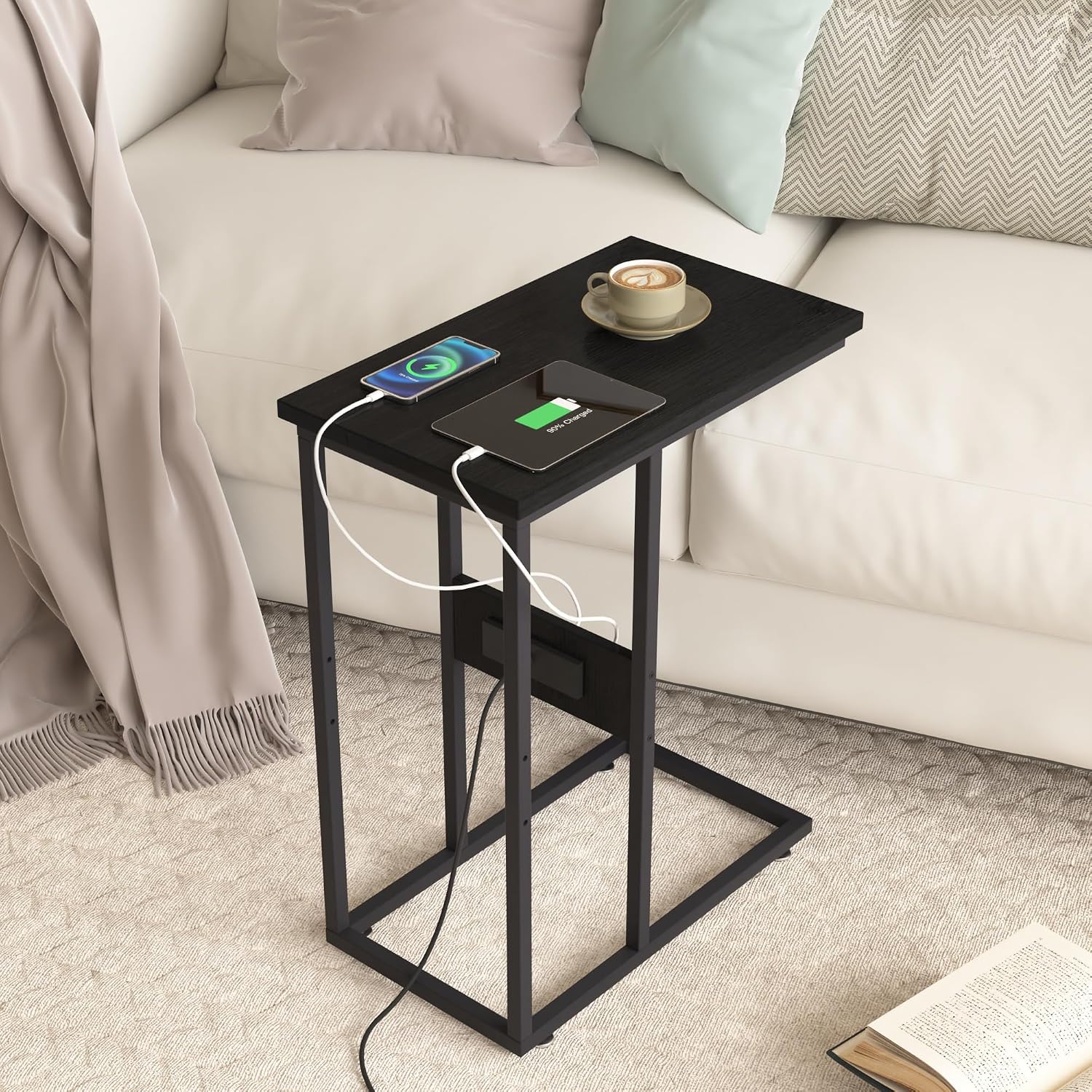 VECELO C Shaped End Table with Charging Station & Power Outlets, Quick Access Side Table for Sofa, C Bedside for Living Room Bedroom 1 Set,Black