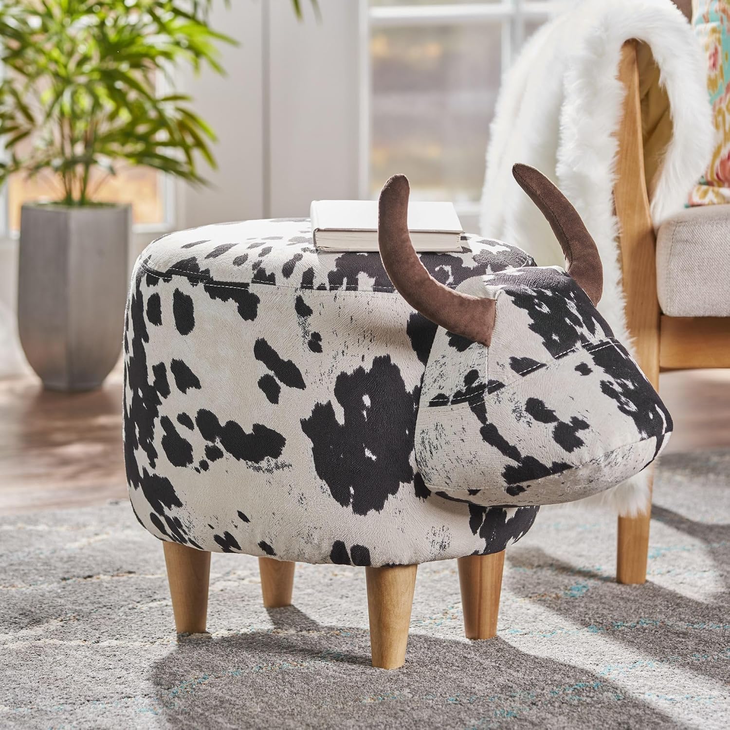 Black and White Velvet Cow Shaped Ottoman, Cute Wood Foot Stool Shoes Changing Seat with Cushioned for Adult Living Room, Bedroom, Nursery Gameroom, Playroom, Porch Furniture