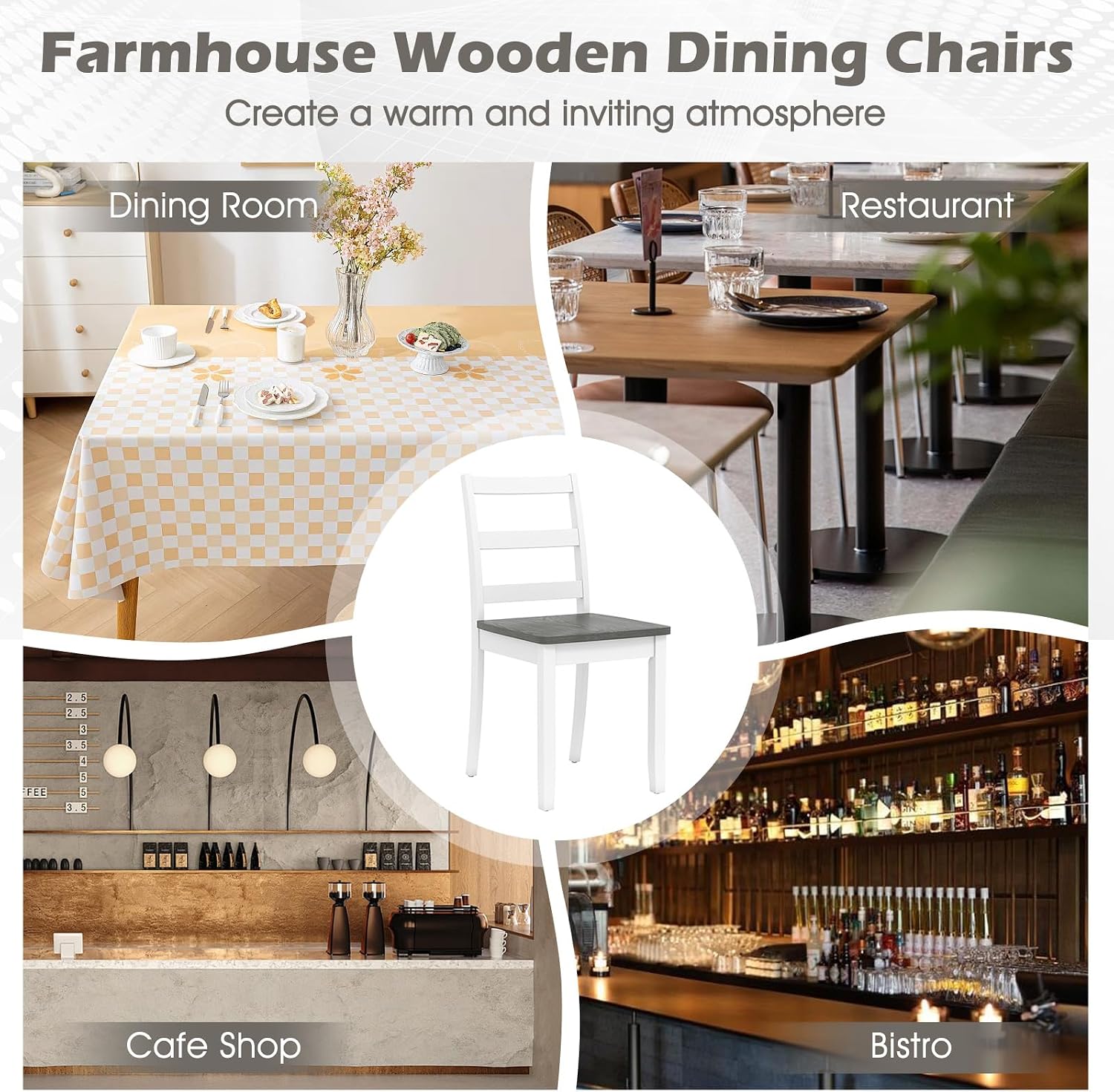 Giantex Dining Chairs, Wooden Armless Kitchen Chairs with Solid Rubber Wood Legs, Farmhouse Ladder Back Dining Chairs for Dining Room (4, White+Gray)