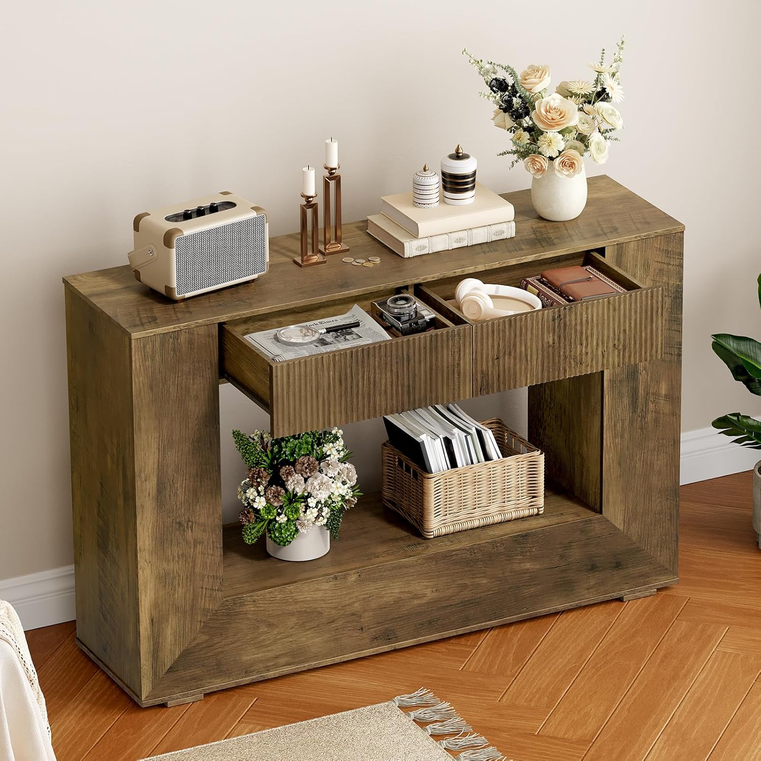 RALGEND Farmhouse Console Table 2 Handle-Less Drawers, 47 Inches Wooden Entryway Table with Storage, Industrial Fluted Sofa Table, Accent Table for Living Room, Entrance, Foyer, Hallway, Dark Brown