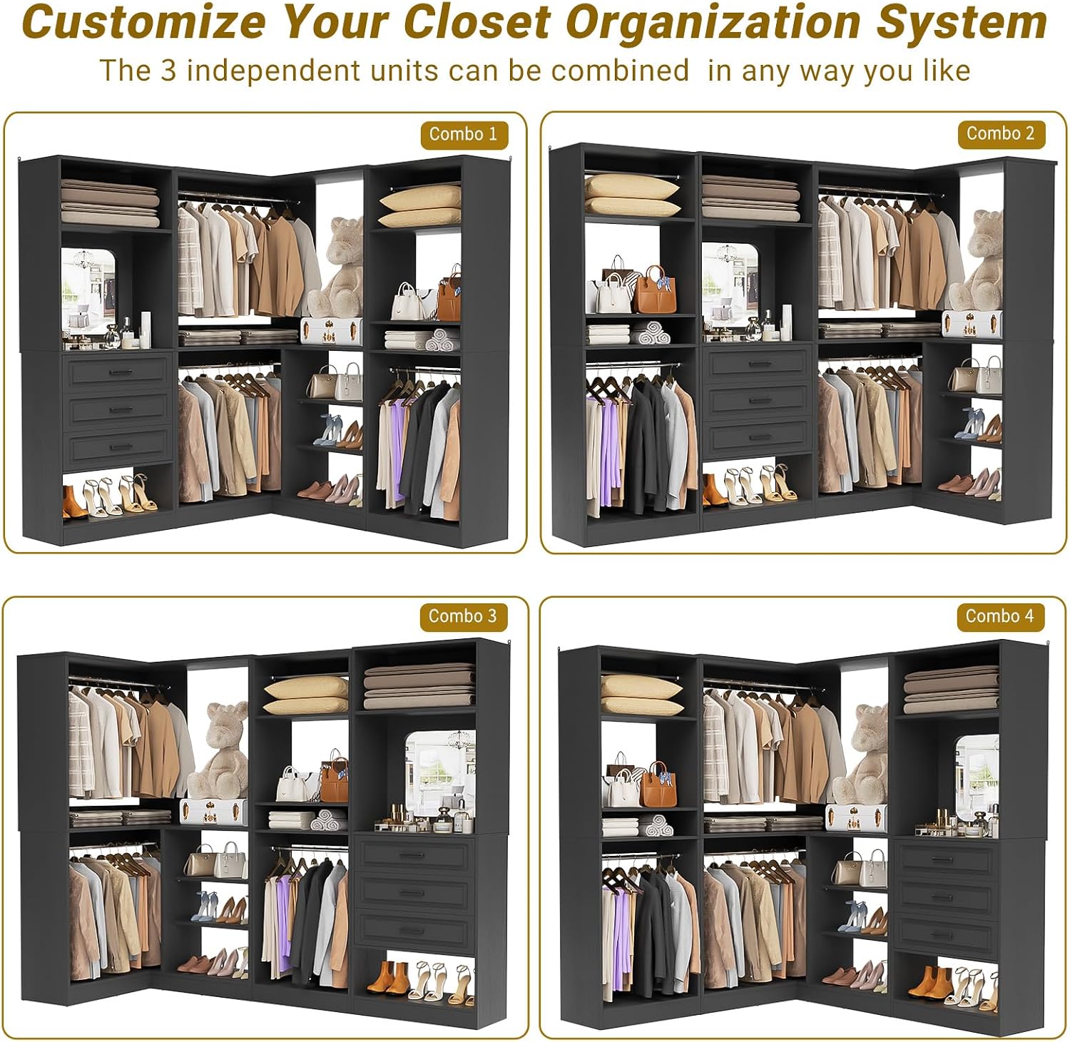 Unikito 86" Wood Modular Corner Closet System with Drawers & Mirror, Black | Freestanding wardrobe organizer with hanging rods and adjustable shelves, walk-in closet garment rack storage tower.