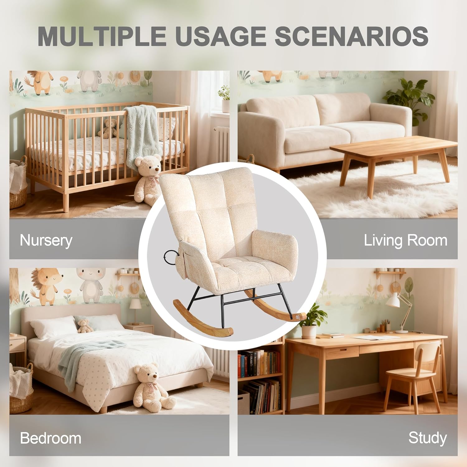 Rocking Chair Nursery with Airbag, Nursery Rocking Reading Chair Indoor, Cozy Upholstered Glider Rocker Chairs for Living Room Bedroom Offices, Sillas Mecedoras(Chenille, Beige)