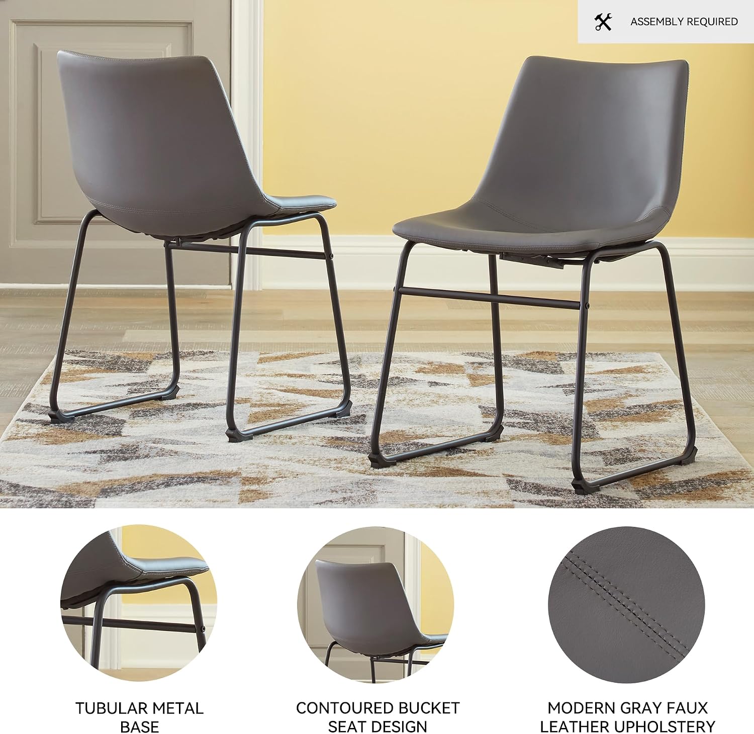 Signature Design by Ashley Centiar Faux Leather Dining Chairs, Set of 2 | Mid century modern bucket seat, Sturdy black metal frame sled base with floor glides, Easy to clean wipeable upholstery