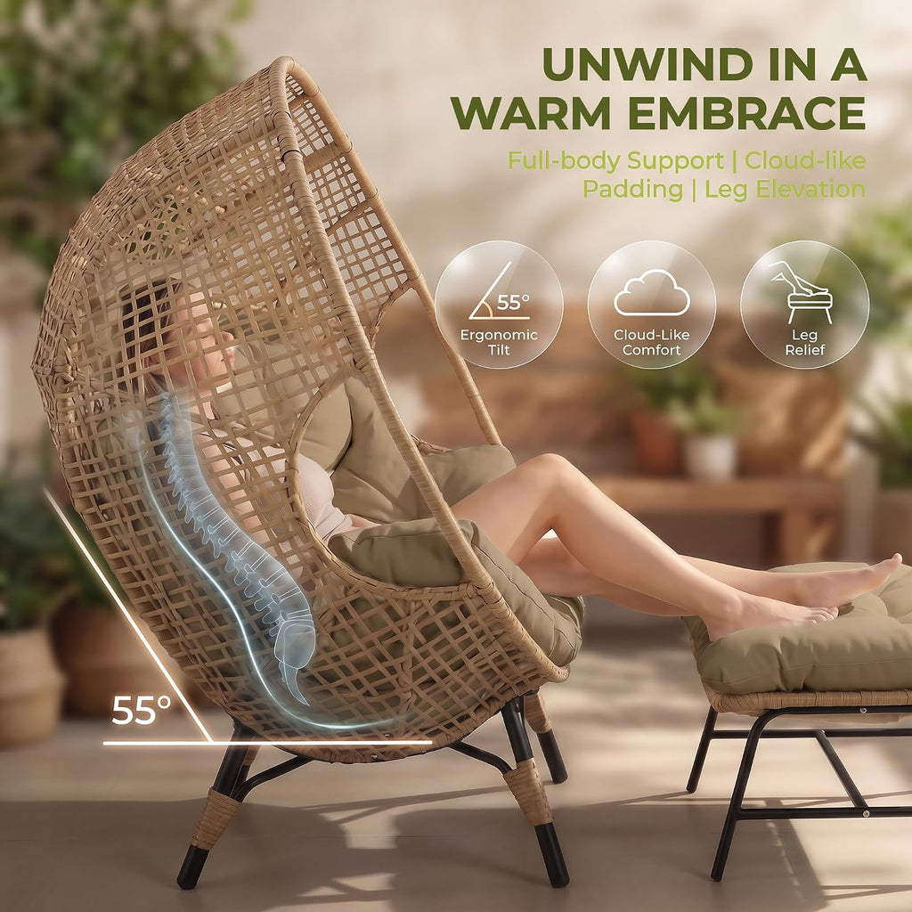 RADIATA 2-Person Double Egg Chair, 57.1" Extra Wide Outdoor Wicker Loveseat with 6.5" Thick Cushion, 600 lbs Capacity Oversized Lounge Chair for Patio, Porch, Backyard,Balcony or Indoor Use,Brown