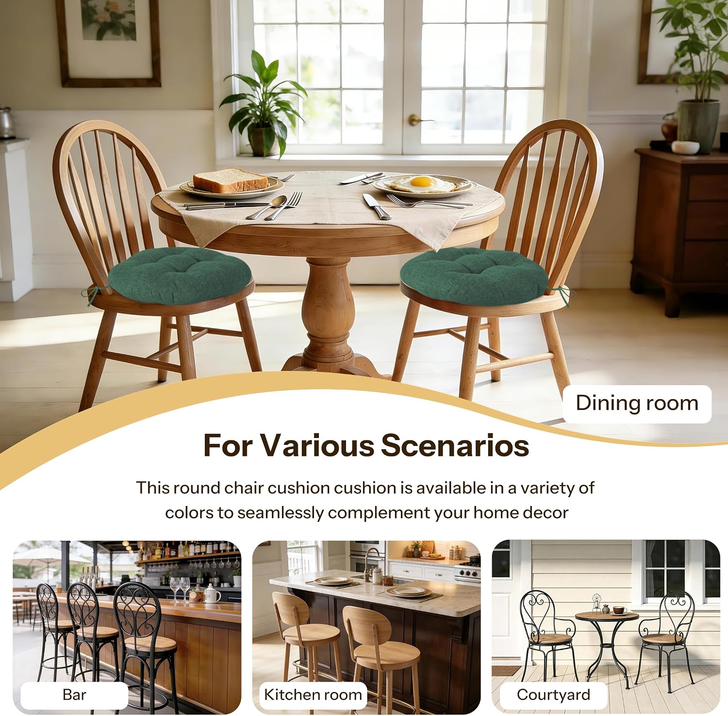Round Chair Cushions with Ties 16" x 16" x 3" Thick Round Cushions Set of 2 for Indoor Furniture Comfy Circle Seat Pads for Kitchen Dining Room Green
