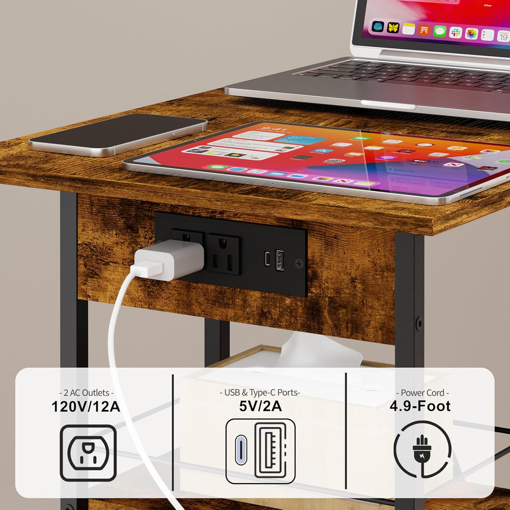 Rolling C-Shaped Side Table with Charging Station, Night Stand with Type-C & USB Port and Outlet for Bedroom, Spacious Coffee Table with Wheels for Living Room, Home Office, Small Space(Large Desktop)