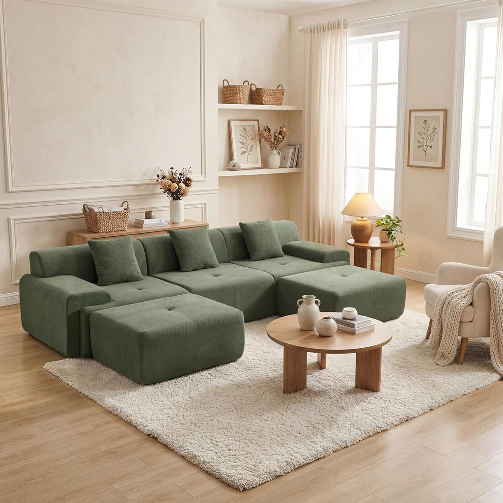 122" U Shaped Boneless Modular Sectional Sofa, Oversized 5-Seater Full Sponge Cloud Couch with Movable Ottoman, Corduroy Upholstery Couches for Living Room, No Assembly, Green