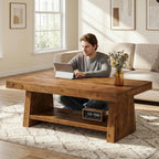 Solid Wood Coffee Table, 47-Inch Farmhouse Wooden Coffee Table for Living Room, 2-Tier Rectangular Center Table with Storage for Apartment, Home Office, Dark Brown