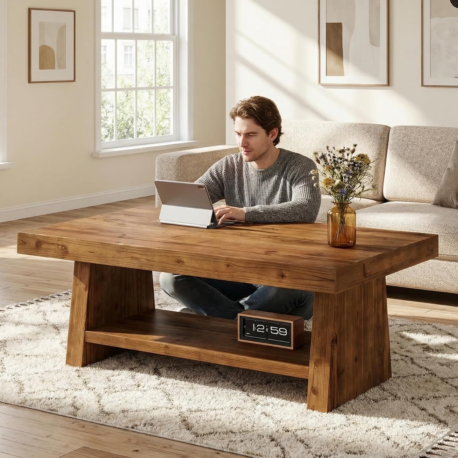 Solid Wood Coffee Table, 47-Inch Farmhouse Wooden Coffee Table for Living Room, 2-Tier Rectangular Center Table with Storage for Apartment, Home Office, Dark Brown