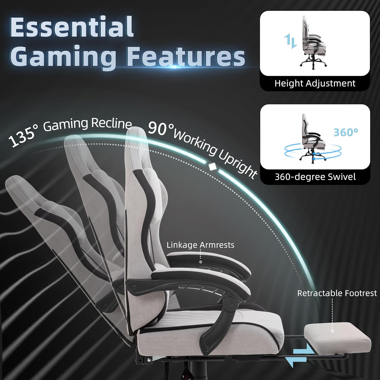 Gaming Chair for Adults, Fabric Gaming Chair with Footrest and Pocket Spring Cushion, Ergonomic Gamer Chair with Lumbar Support, Reclining Computer Gaming Chair with High Back, Grey