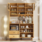 VOWNER Kitchen Hutch Storage Cabinet Microwave Shelf, Freestanding Pantry with 4 Glass Doors and 2 Drawers, Modern Sideboard Buffet Cabinet for Kitchen, Dining Room, Living Room, Wood