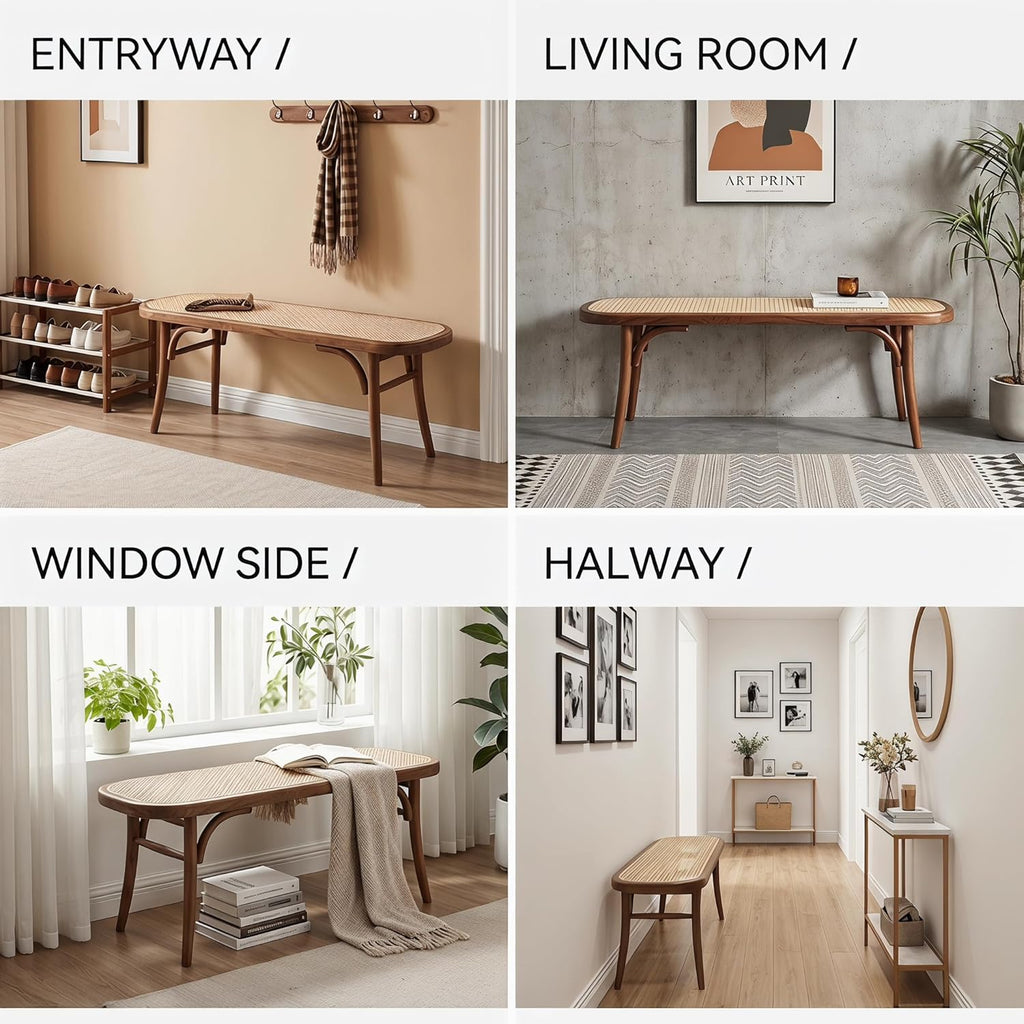 Farmhouse Wood Bench Seat Small Rattan Cane Bench Wicker Bench for End of Bed Living Room Entryway Foyer Indoor, Hand Woven