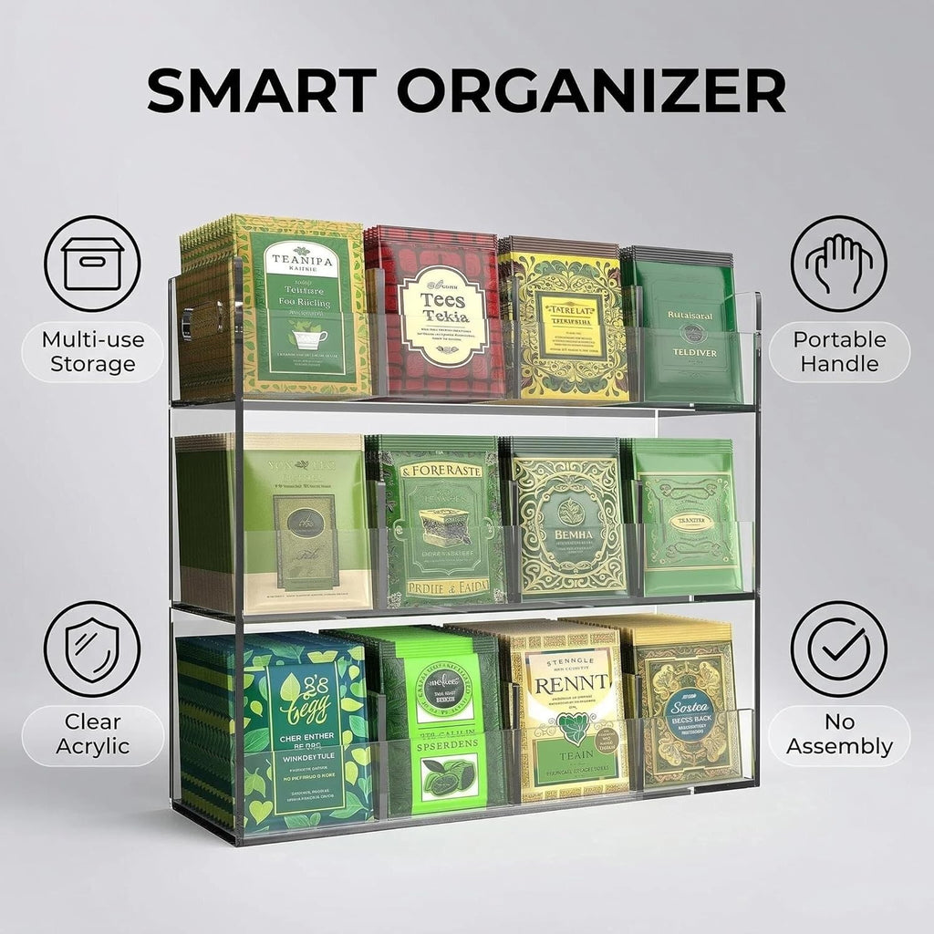 Jumyee 3-Tier Acrylic Tea Bag Organizer Holder, No Assembly Required, Portable Tea Organizers and Storage, Vertical Tea Organizer Counter, Coffee & Tea Station Display Rack for Home Office