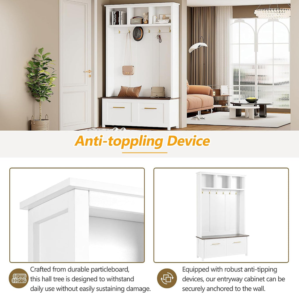 Modern Hall Tree with 6 Golden Hooks, Wood Entryway Coat Hanger with Brown Wood Grain Storage Bench and Top Open Storage Shelves, Versatile 4-in-1 Entryway Coat Rack for Entrance Hallway (White-9.8)