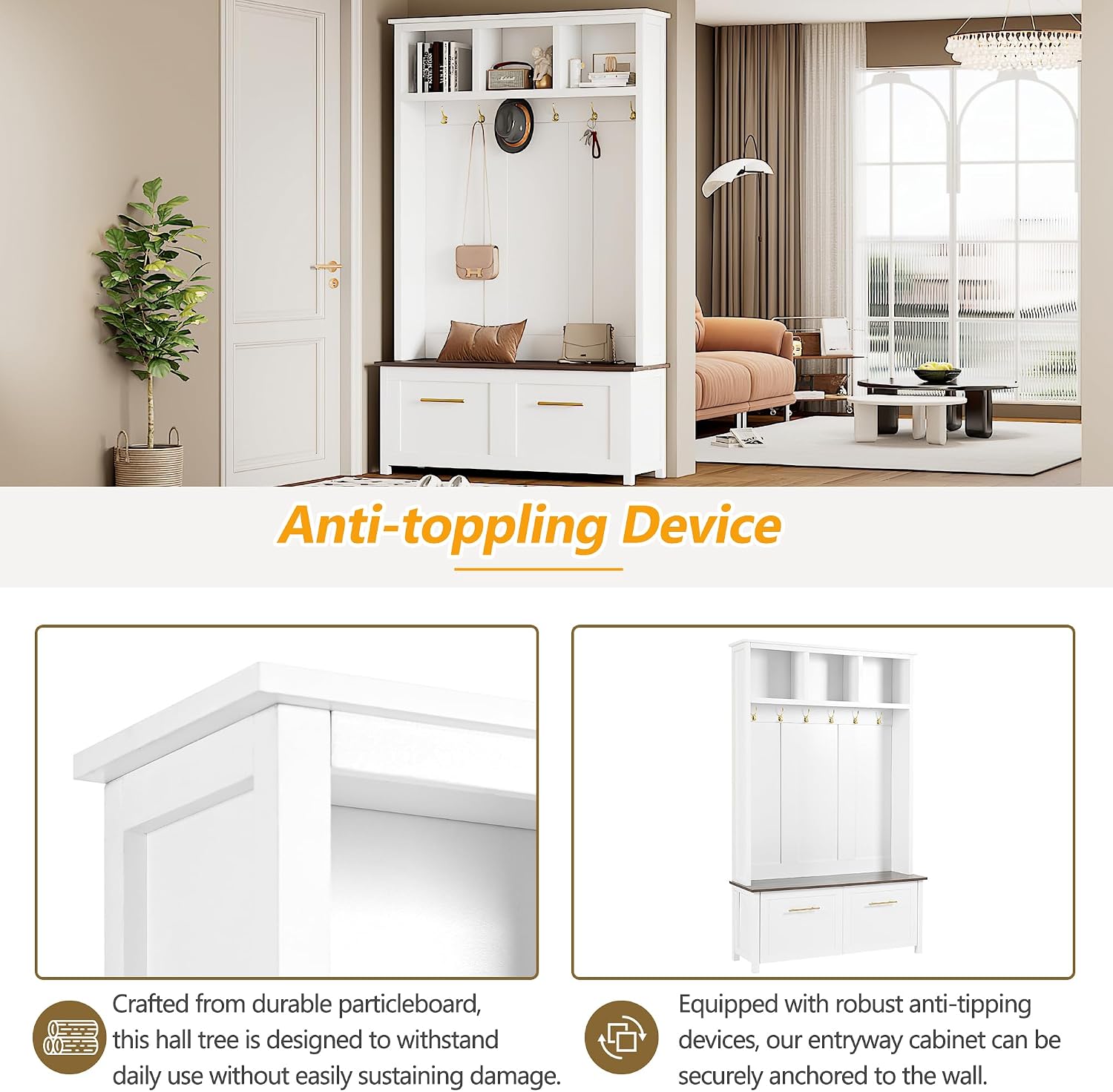 Modern Hall Tree with 6 Golden Hooks, Wood Entryway Coat Hanger with Brown Wood Grain Storage Bench and Top Open Storage Shelves, Versatile 4-in-1 Entryway Coat Rack for Entrance Hallway (White-9.8)