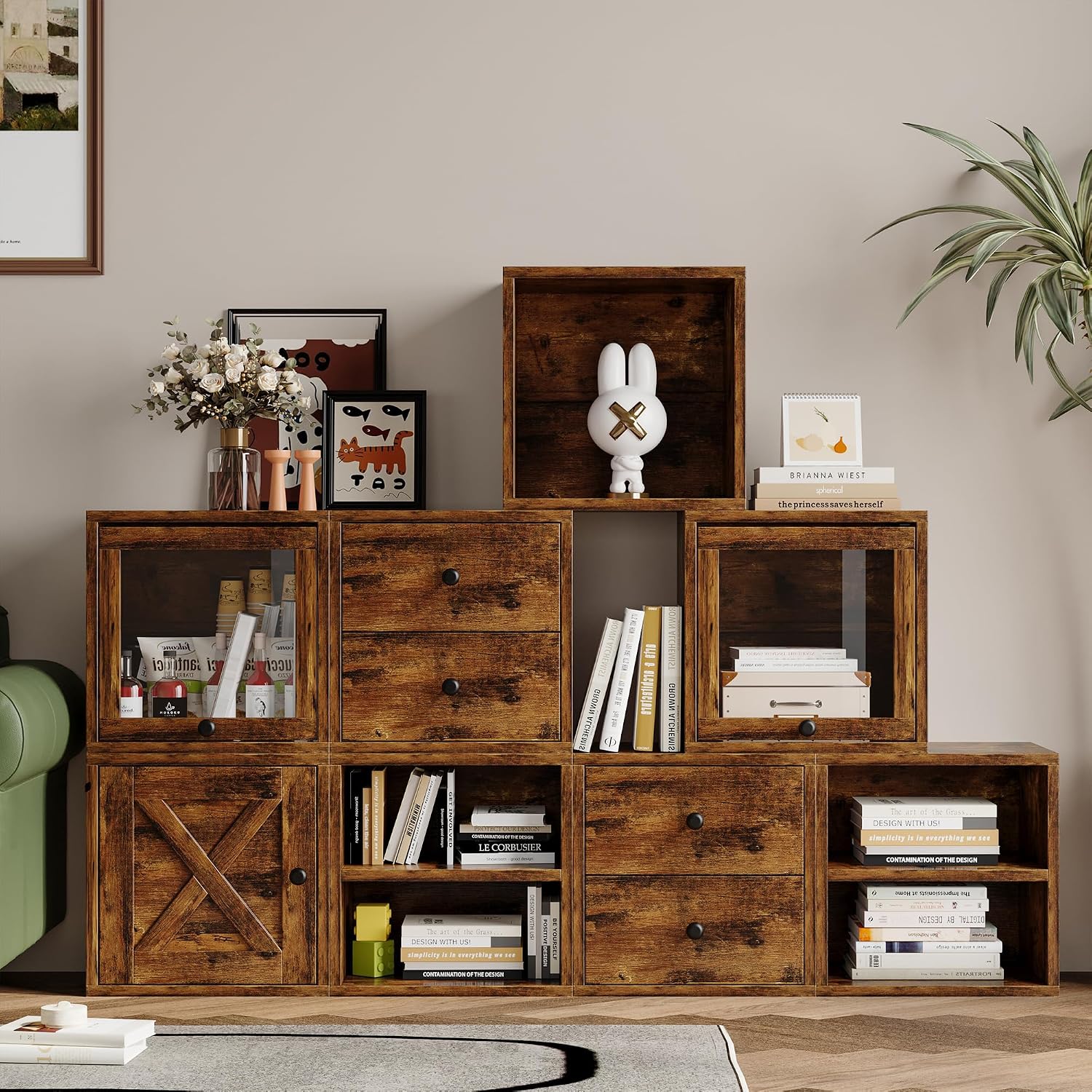FUSUNBAO Magic DIY Cube Storage Organizer Stackable Cubes for Home Books Clothes Toy-Modular Cubby Storage System-Office Cubical-Bookcase Closet (Antique Brown, Door Cube)