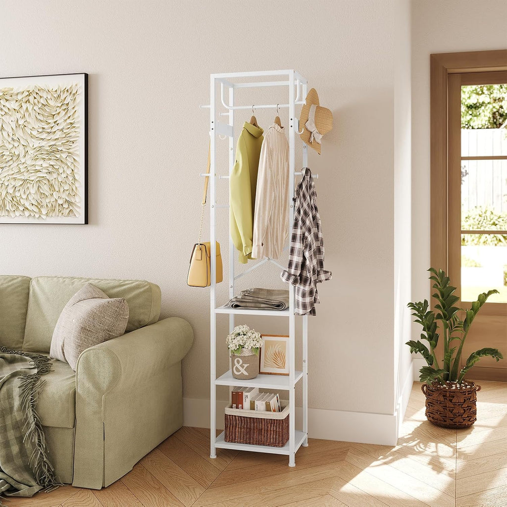 ELYKEN Coat Rack Freestanding, Hall Tree with 3 Shelves and 12 Hooks, White | Industrial Metal Frame, Space-Saving Design, Clothes Rack Stand Organizer for Bedroom, Hallway, Entryway, Office, Living Room
