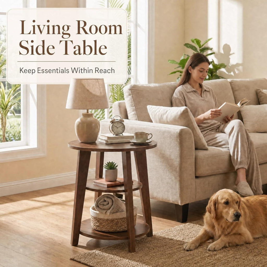 3-Tier Round Side Table,23.6" Tall End Table with Storage Shelves-Modern Nightstand,Wood Plant Stand for Living Room Bedroom Small Spaces Corner Display Rack Balcony Garden Patio(Walnut)