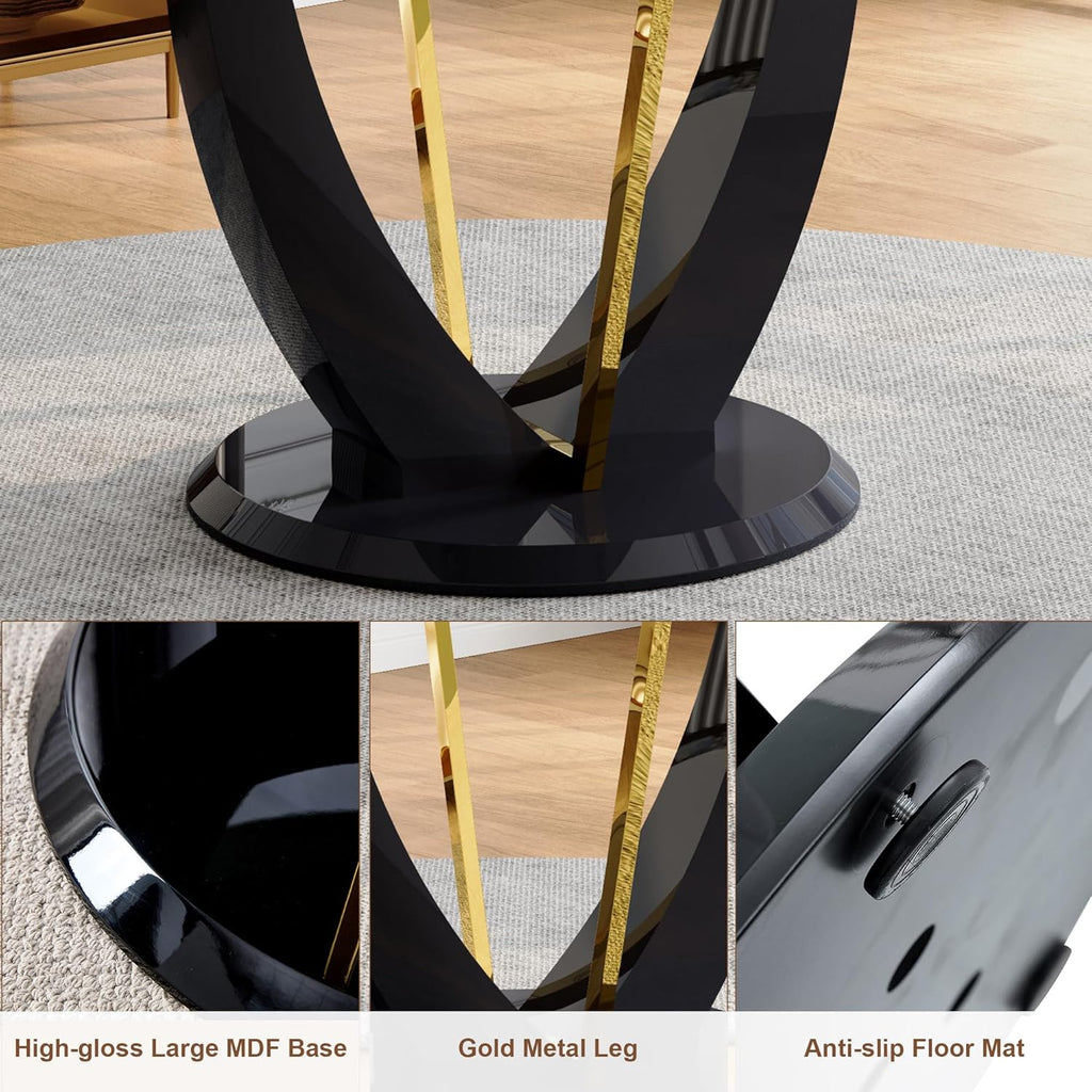 42" Round Dining Table for 4-6, Modern Faux Marble Kitchen Tabletop with Black Wood Pedestal and Gold Metal Frame, Circle Dinner Table for Dining Room