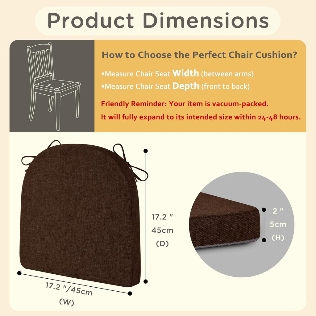 Non-Slip Kitchen Chair Cushions Set of 2 Comfy Chair Pads with Ties High-Resilience Foam Indoor Kitchen Seat Cushions for Dining Room with Machine Washable Cover 17.5 x 17.5 x 2 inch Coffee