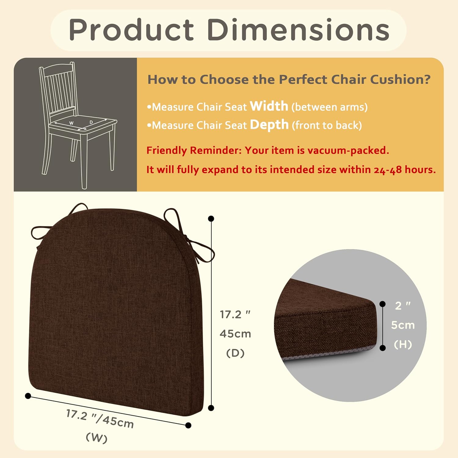 Non-Slip Kitchen Chair Cushions Set of 2 Comfy Chair Pads with Ties High-Resilience Foam Indoor Kitchen Seat Cushions for Dining Room with Machine Washable Cover 17.5 x 17.5 x 2 inch Coffee