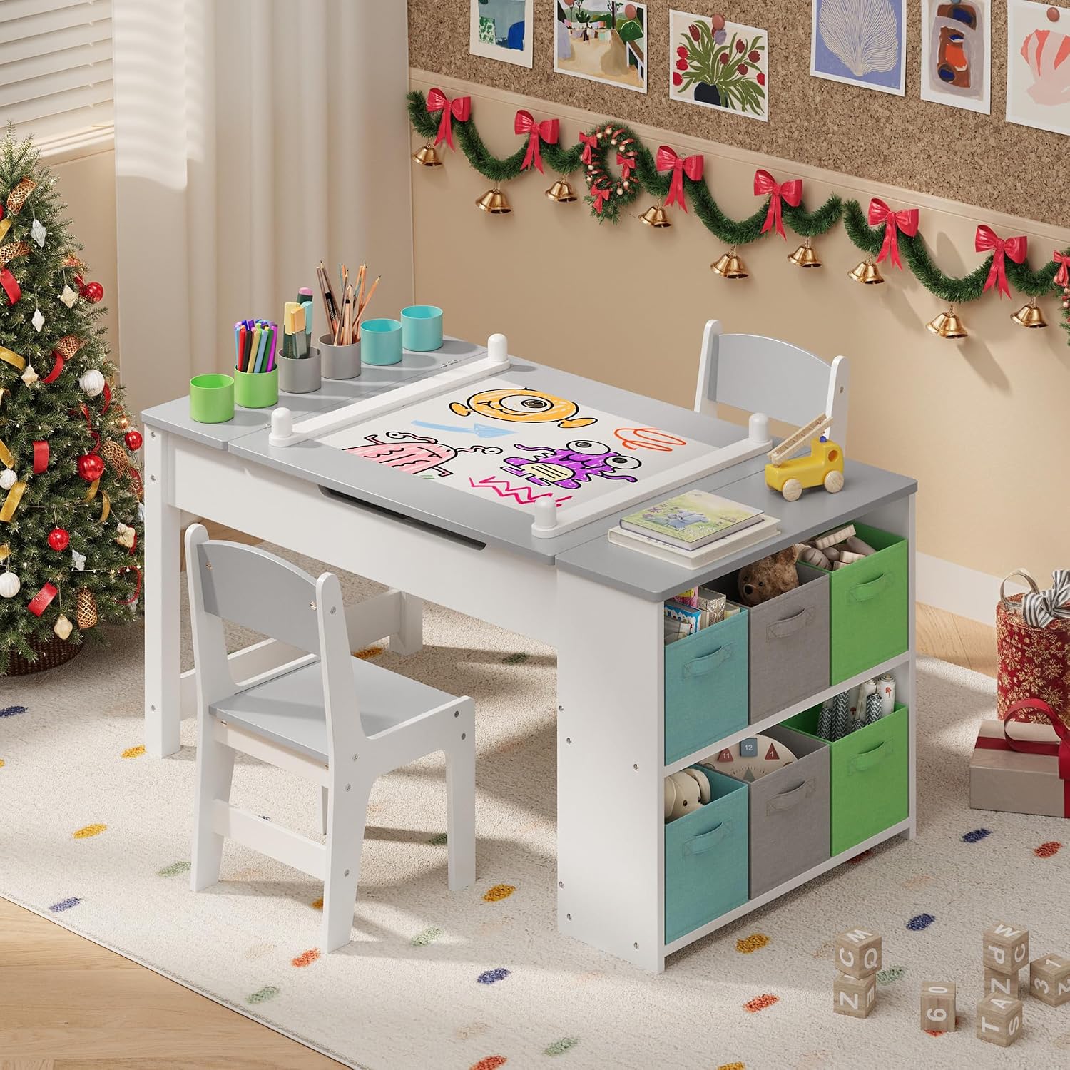 Gizoon Kids Art Table and Chairs with Removable Tabletop Storage,Toddler Craft Table and Chair Set for Drawing Studying Playing Wooden Kid Acitivity Table in Playroom Kids Room Living Room, Gray