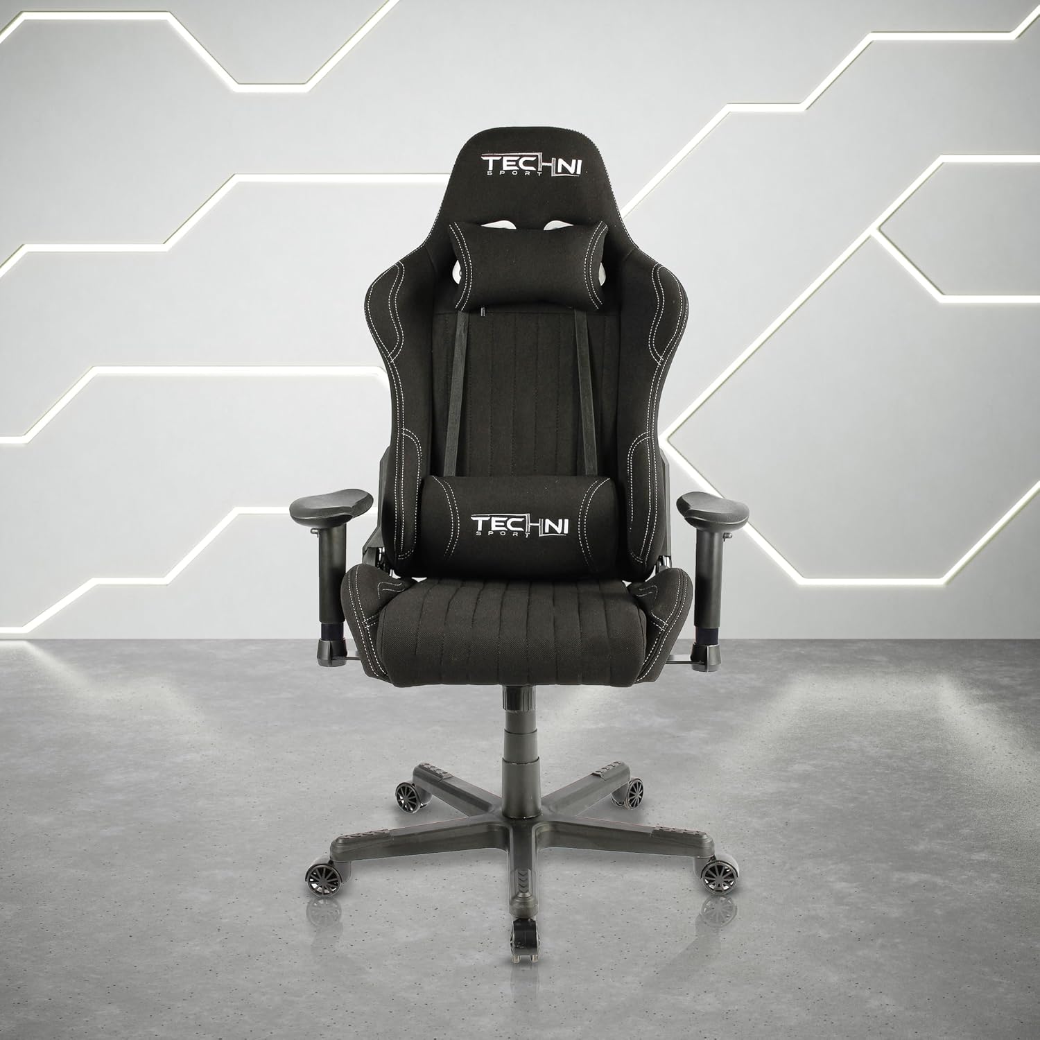 Techni Sport High Back Racing Chair with Foam Seat and Padded Arms, Reclining Gaming Chair with Height and Tilt Adjustment, Black