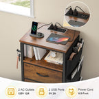 EnHomee LED Nightstand with Charging Station, Bedside Table with Fabric Drawers and Storage Shelf, Sturdy Steel Frame, Wood Top, Cloth Bags, Hooks, Brown